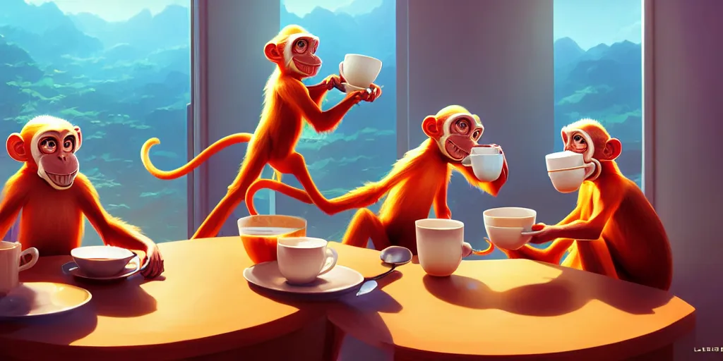 Image similar to hyper detailed ultra sharp of cartoon monkeys drinking coffee. behance hd by jesper ejsing, by rhads, makoto shinkai and lois van baarle, ilya kuvshinov, rossdraws radiating a glowing aura global illumination ray tracing hdr, 8 k