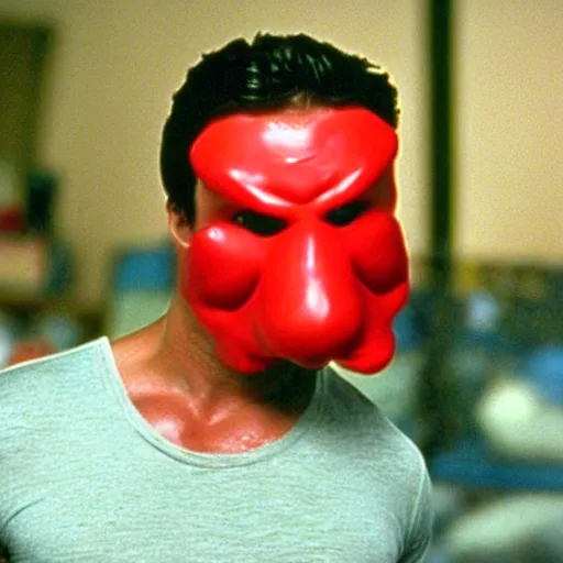 Image similar to film still of an extremely muscular man wearing a plastic goose mask, 1 9 9 8 movie