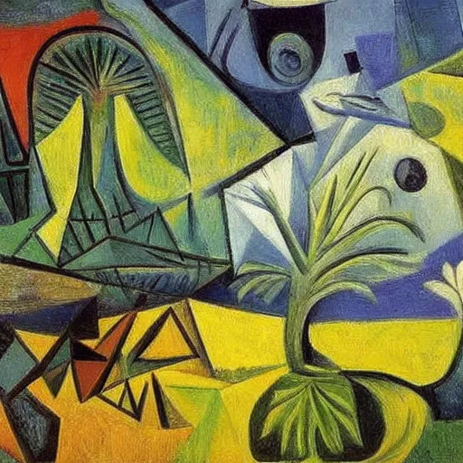 Prompt: painting of a lush natural scene on an alien planet by pablo picasso. beautiful landscape. weird vegetation. cliffs and water.