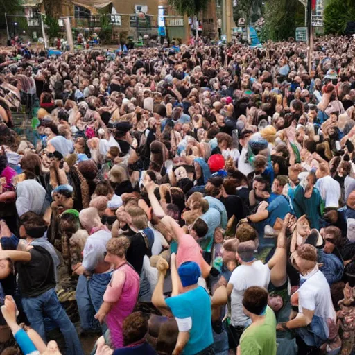 Image similar to crowd of people worshipping the flying spaghetti monster