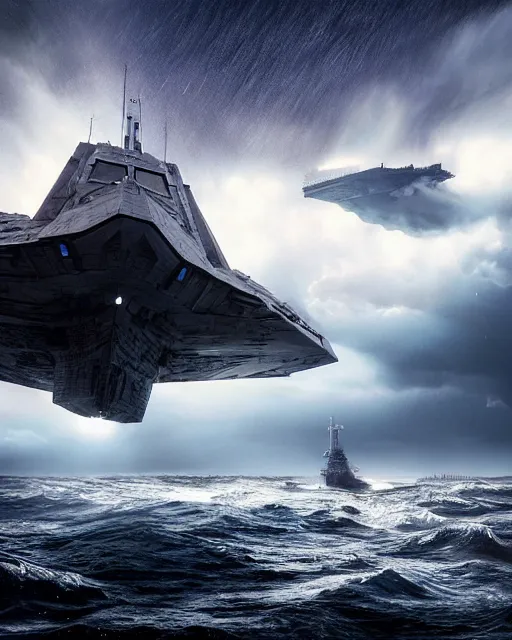 Image similar to scifi action scene of a fishing boat on stormy seas, a very large star destroyer spaceship flying overhead, the very large star destroyer spaceship is emerging from storm clouds, sunset lighting, stormy weather, dramatic lighting, unreal engine, hyper realism, realistic shading, cinematic composition, realistic render, octane render, detailed textures, photorealistic, ultrawide shot, 1 6 mm lens