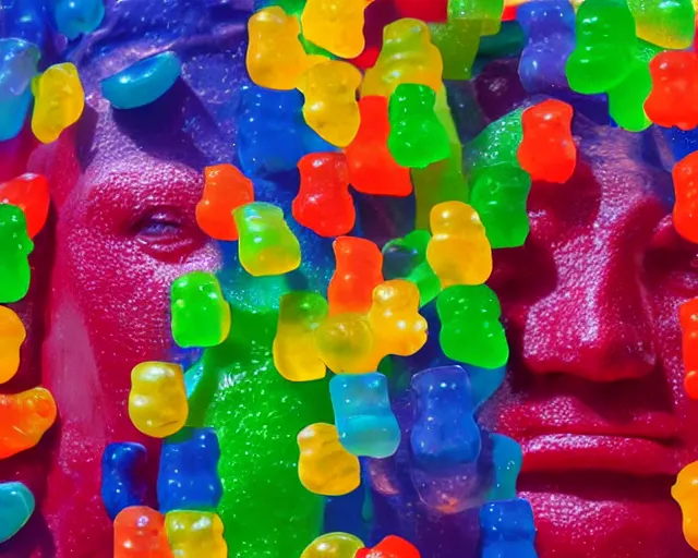 Image similar to a giant sculpture made out of of gummy bears in a human head shape, on the surface of the ocean, in the style of chad knight, long shot, hyper detailed, hyper realistic, ray tracing, 8 k resolution, sharp focus, realistic water, award winning sculpture