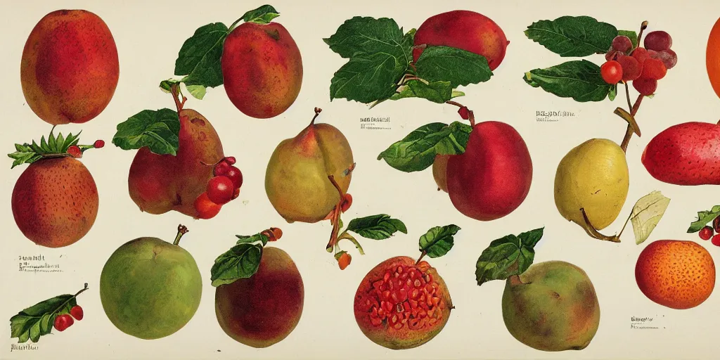 Prompt: catalogue of various vintage fruit illustrations