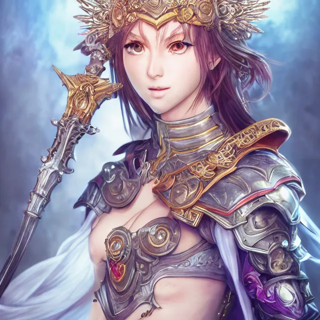 Image similar to studio portrait of lawful good colorful female holy shield paladin as absurdly beautiful, elegant, young sensual anime girl, ultrafine hyperrealistic detailed face illustration by kim jung gi, irakli nadar, intricate linework, sharp focus, bright colors, matte, octopath traveler, final fantasy, unreal engine highly rendered, global illumination, radiant light, intricate environment