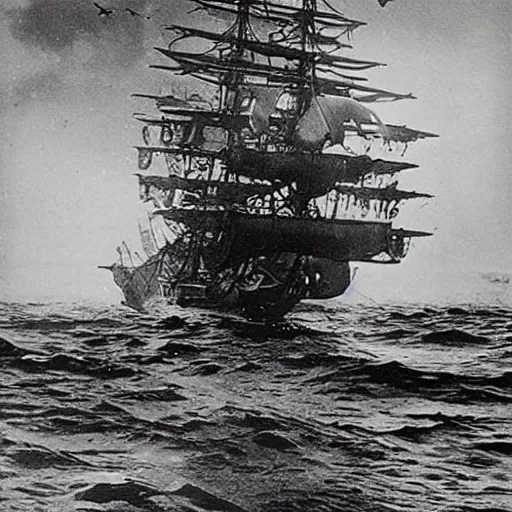 Prompt: an impossibly huge pirate ship, being attacked by a kraken. 1910s photograph