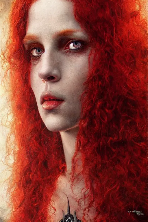 Prompt: beautiful red haired witch, painted by howard david johnson and james gurney, trending on artstation, symmetrical face, beautiful eyes, dramatic black lighting macro view mirrored, magic realism, lord of the rings, classicism