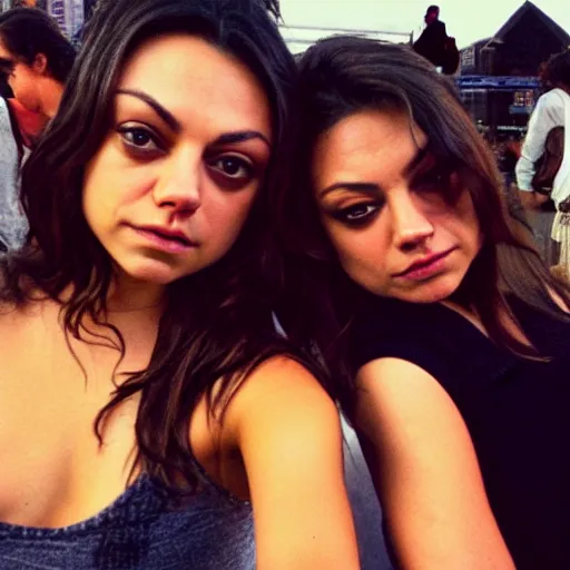 Image similar to Selfie photograph of Mila Kunis and Mila Kunis, golden hour, 8k,