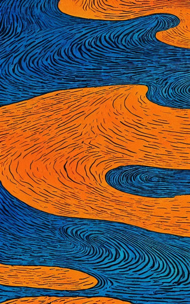 Image similar to a beautiful sunset on a beach, fractal waves. retro minimalist art by jean giraud and van gogh.