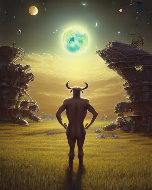 Image similar to highly detailed surreal vfx portrait of a futuristic minotaur in a rural farm with planets in background, stephen bliss, unreal engine, greg rutkowski, loish, rhads, beeple, makoto shinkai and lois van baarle, ilya kuvshinov, rossdraws, tom bagshaw, alphonse mucha, global illumination, detailed and intricate environment