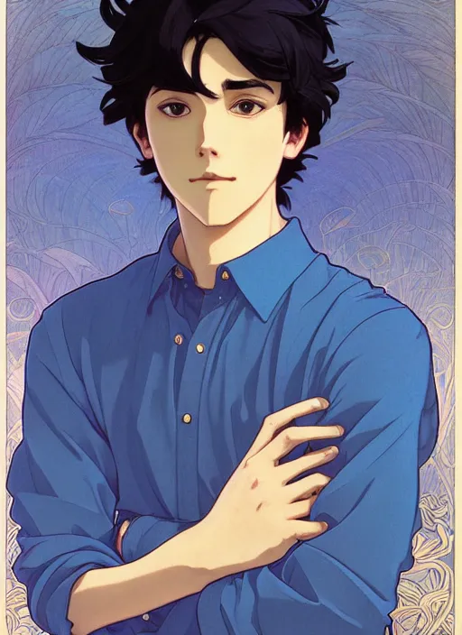 Create an anime portrait of a young man who is very muscular, handsome,  with skin as white as snow, short black hair, and dressed in a black -  AI Generated Artwork 