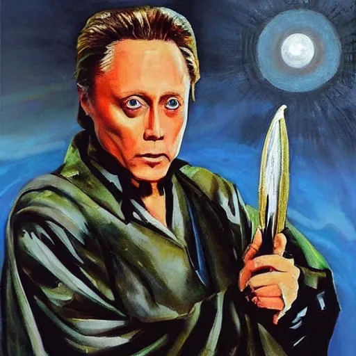 Prompt: Christopher Walken painted like a Saint with halo