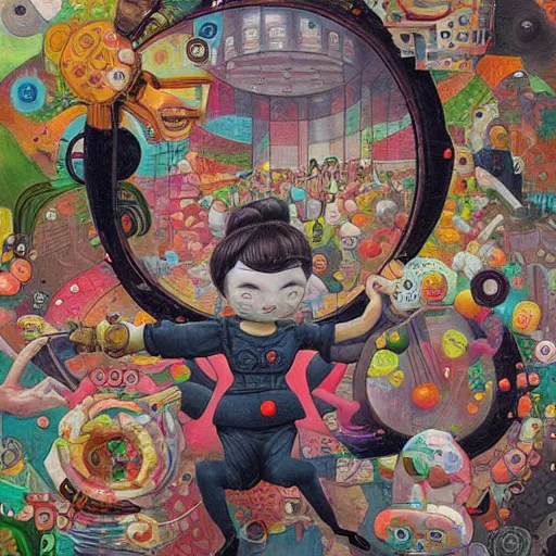 Prompt: A mixed mediart. A rip in spacetime. Did this device in her hand open a portal to another dimension or reality?! by Hikari Shimoda, by Diego Rivera realist