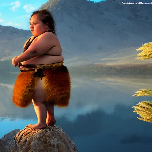 Image similar to spectacular ancient little fat girl with fur cloth, standing on the edge of the beautiful lake. clear beautiful fat face. morning time. an amazingly beautiful scene. beautiful lighting, 4 k post - processing, trending in art station, cg society, highly detailed, 5 k extremely detailed, 3 d. cinematic scene.