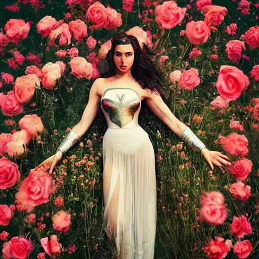 Prompt: full body fine art photo of the beauty gal gadot, she is merging from roses, taken by oleg oprisco