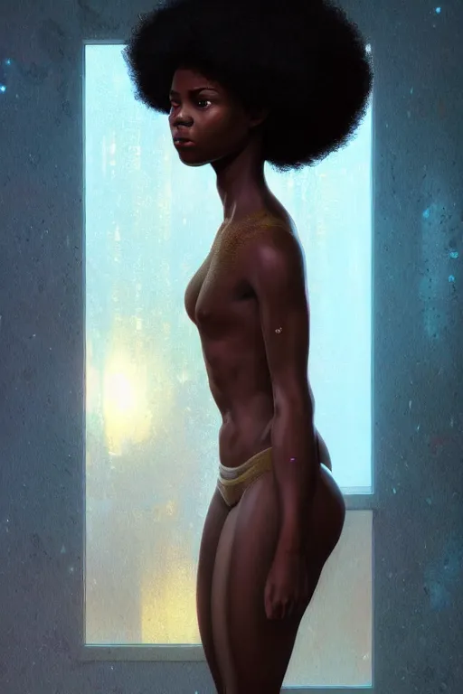 Image similar to beautiful and enigmatic afro american girl held captive in a remote research facility. vulnerability and innocence, ultra realistic, sharp details, subsurface scattering, intricate details, warm lighting, beautiful features, highly detailed, photorealistic, octane render, 8 k, unreal engine, art by artgerm and greg rutkowski and alphonse mucha