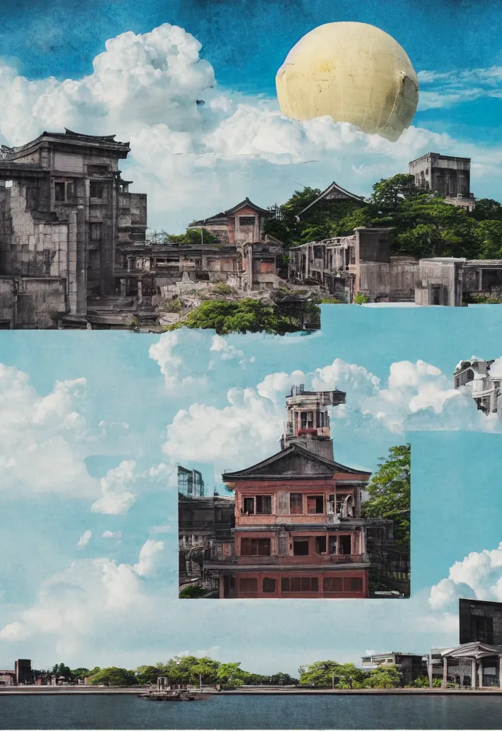 Prompt: sightseeing in hiroshima japan, picturesque view of the atomic bomb dome, a photo collage detailed painting, in the style of wes anderson, lola dupre, david hockney, isolated on negative white space background, volumetric octane render