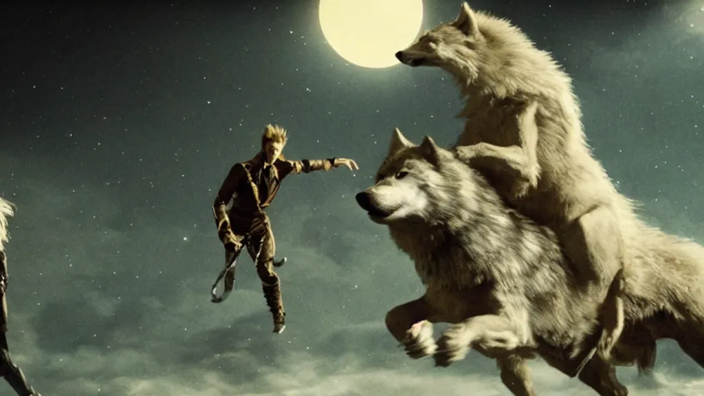 Image similar to Beautiful epic cinematography of David Bowie riding a giant wolf at night