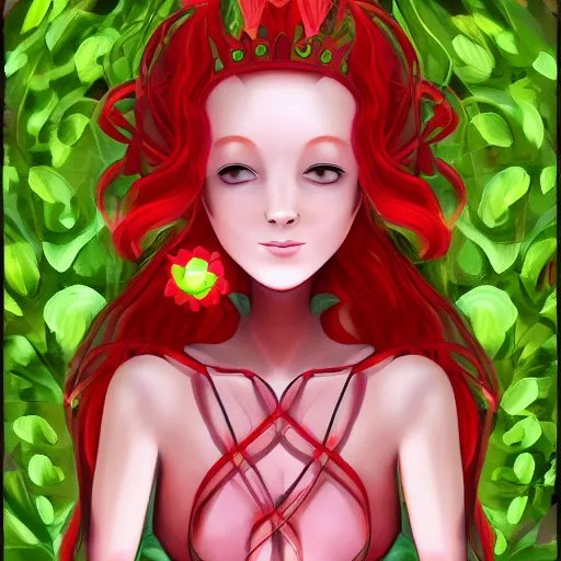 Image similar to cell shaded humanoid onion goddess, flower vine dress, crown, artstation, 4 k gorgeous, smiling, red hair