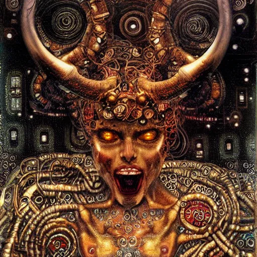 Image similar to horned cybernetic demon trapped in circuitry, intricate detail, klimt, royo,