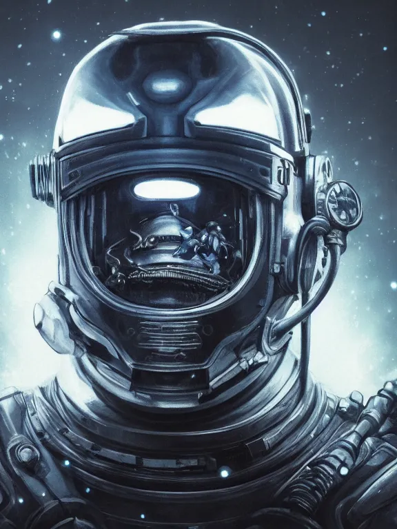 Image similar to portrait art of 8k ultra realistic retro futuristic undead astronaut, helmet visor open, glow around helmet, deep space , detailed intricate ornate armour,blade runner, cybernetic, full of colour, cinematic lighting, trending on artstation, 4k, hyperrealistic, focused, extreme details,unreal engine 5, cinematic, masterpiece, art by ayami kojima, giger