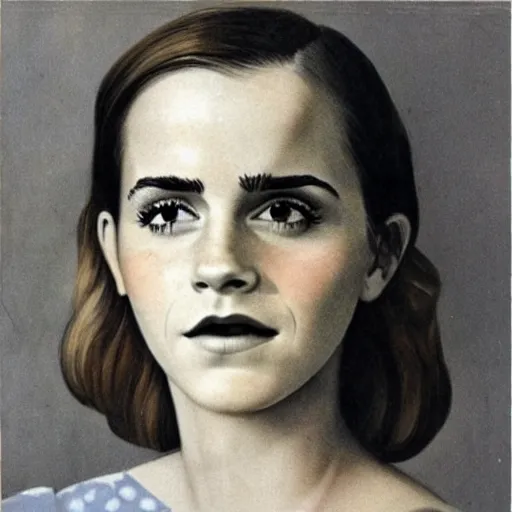 Image similar to “Emma Watson portrait, color vintage magazine illustration 1950”