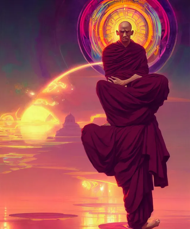 Image similar to a floating monk, meditating, wearing netrunner clothing, vaporwave aesthetic, colorful, psychedelic, digital painting, artstation, concept art, smooth, sharp focus, illustration, art by artgerm and greg rutkowski and alphonse mucha