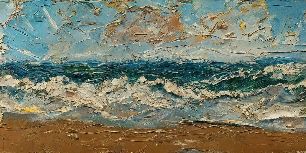 Image similar to oil paint impasto relief, beautiful italian beach scene, rough sea, multi layered thick brush marks, some splattered paint, in the style of ivan shishkin and frank auerbach and van gogh