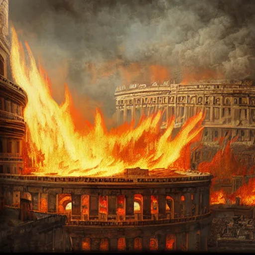 Image similar to Painting of the great fire of rome, abstract, realism, 8k, detailed, terror, octane render, 3d render, complex, emotion