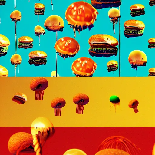 Image similar to hamburger mix jellyfish, cg, 8 k, style by andy warhol