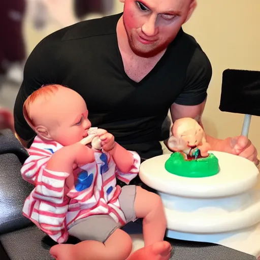 Prompt: baby eating wax figurine of Mr. Incredible