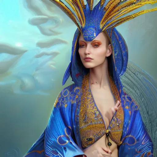 Prompt: a beautiful woman wearing a blue kaftan made of silk with golden ornaments by alex gray and android jones , Karol Bak, Ayami Kojima, Amano , concept art, character design, fantasy,3D, 8k resolution