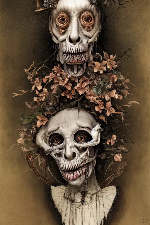 Image similar to Detailed maximalist portrait of an old woman with large lips and eyes, scared, botanical skeletal with extra flesh, HD mixed media, 3D collage, highly detailed and intricate, surreal illustration in the style of Caravaggio, dark art, baroque