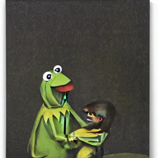 Image similar to “Kermit the Frog Devouring His Son” by Francisco Goya