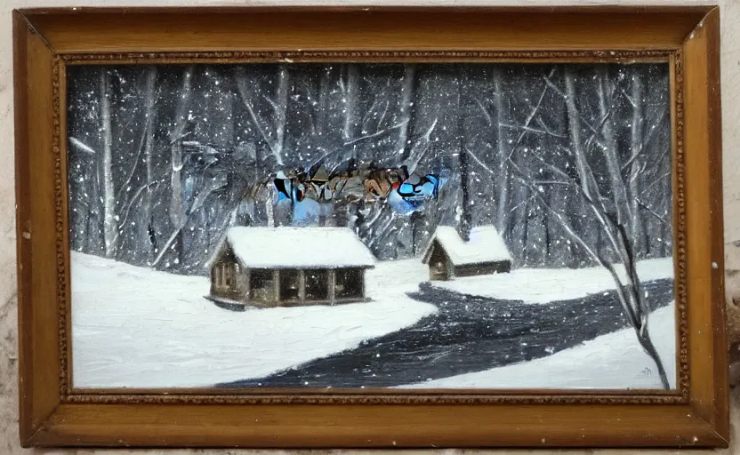 Prompt: snowy very dark night scene depicting a single wooden cabin surrounded by the woods with one bright window. a man running away from it leaving footprints in snow. oil painting.