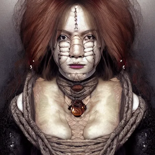 Image similar to portrait of a Shibari rope wrapped face and neck, headshot, insanely nice professional hair style, dramatic hair color, digital painting, of a old 15th century, old cyborg merchant, amber jewels, baroque, ornate clothing, scifi, realistic, hyperdetailed, chiaroscuro, concept art, art by Franz Hals and Jon Foster and Ayami Kojima and Amano and Karol Bak,