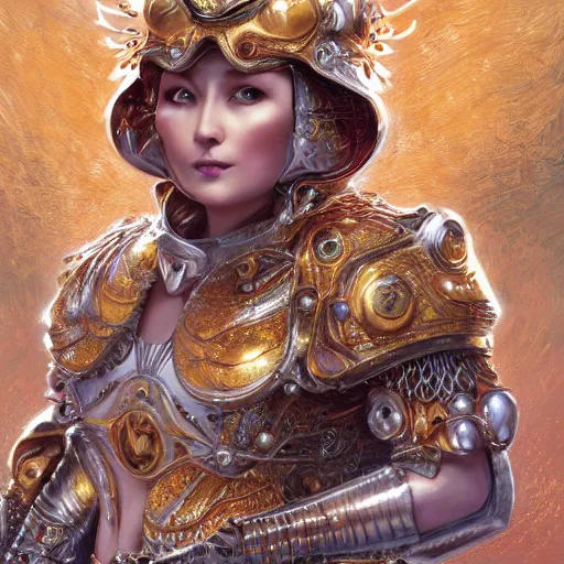 Image similar to a fat orange cat with a golden helmet wearing a silver armor with golden ornaments and diamonds jewelry, wings by alex gray and android jones, karol bak, ayami kojima, amano, concept art, character design, fantasy, 3 d, 8 k resolution