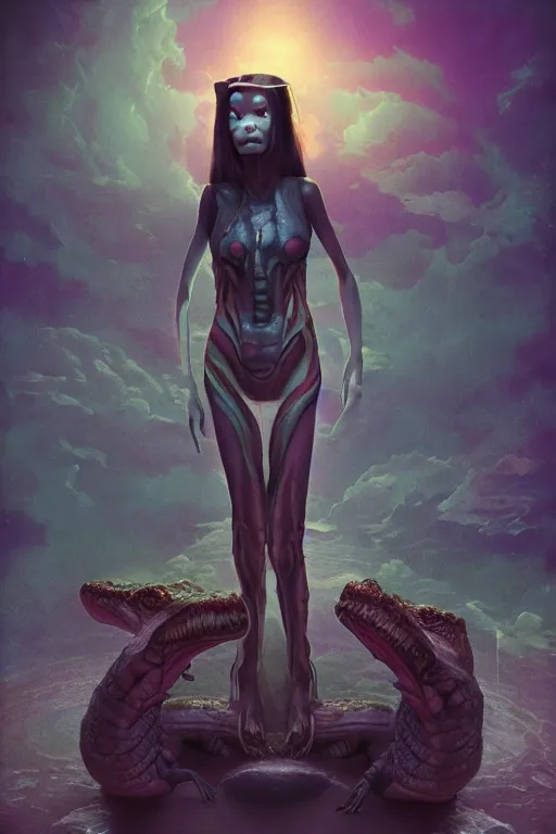 Prompt: digital portrait of an eloquent alien crocodile queen, straight on, full body character concept art, concept art, by artgerm, tom bagshaw, gerald brom, vaporwave colors, lo fi colors, vaporwave, lo fi, 4 k, hd, rendered with substance designer, small details,