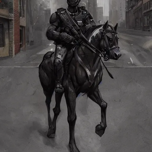 Prompt: a musclebound black - coated male anthro horse in a tactical outfit in a city warzone, detailed clothes texture, absurdly beefy physique, highly detailed, digital painting, artstation, sharp focus, smooth, concept art, illustration, art by artgerm, greg rutkowski, wlop