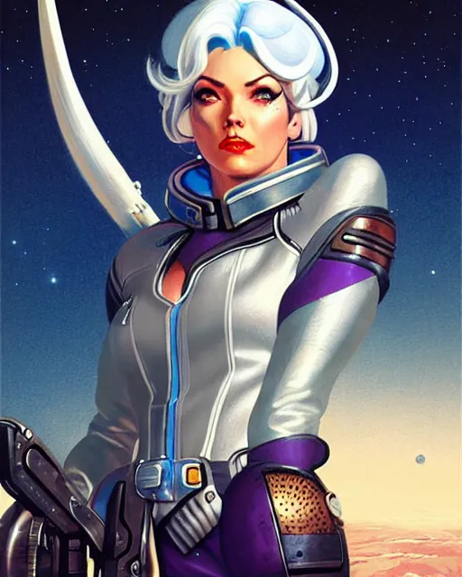 Image similar to ashe from overwatch, white hair, space cowgirl, character portrait, portrait, close up, concept art, intricate details, highly detailed, vintage sci - fi poster, retro future, in the style of chris foss, rodger dean, moebius, michael whelan, and gustave dore