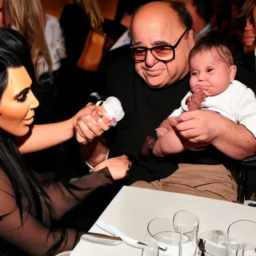 Prompt: kim kardashian feeding danny devito with a baby bottle as he's being held warmly award winning motherly photography