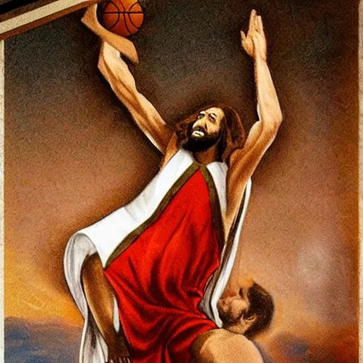 Prompt: Jesus wearing robes dunks a ball in a basketball court, hd