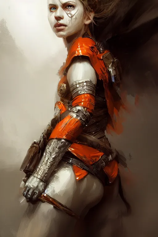 Image similar to full - body portrait of a ranger, female, white and orange breastplate, magical, high fantasy, d & d, by jeremy mann, face details, extremely detailed, digital illustration