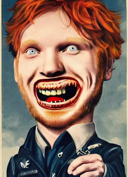 Prompt: creepy Ed Sheeran with a scary comically large smile, 1940s scare tactic propaganda art