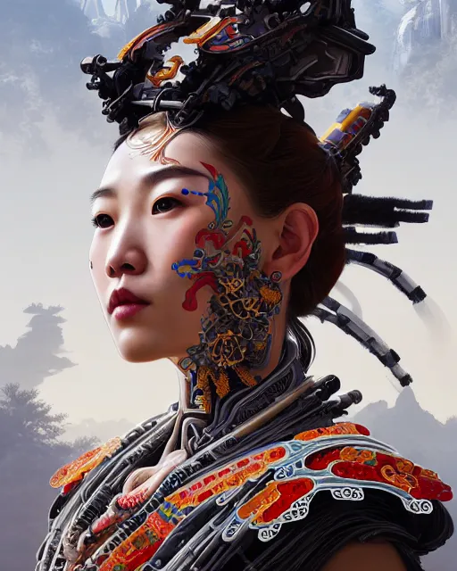 Image similar to portrait of a machine from horizon zero dawn, machine face, decorated with chinese opera motifs, asian, asian inspired, intricate, elegant, highly detailed, digital painting, artstation, concept art, smooth, sharp focus, illustration, art by artgerm and greg rutkowski and alphonse mucha, 8 k