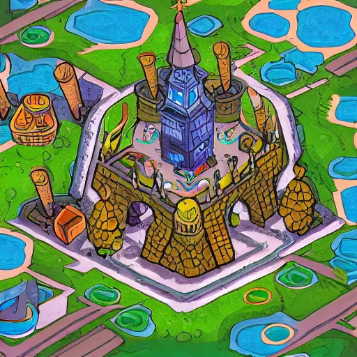 Image similar to aerial view of wizard tower, colored lineart game tile