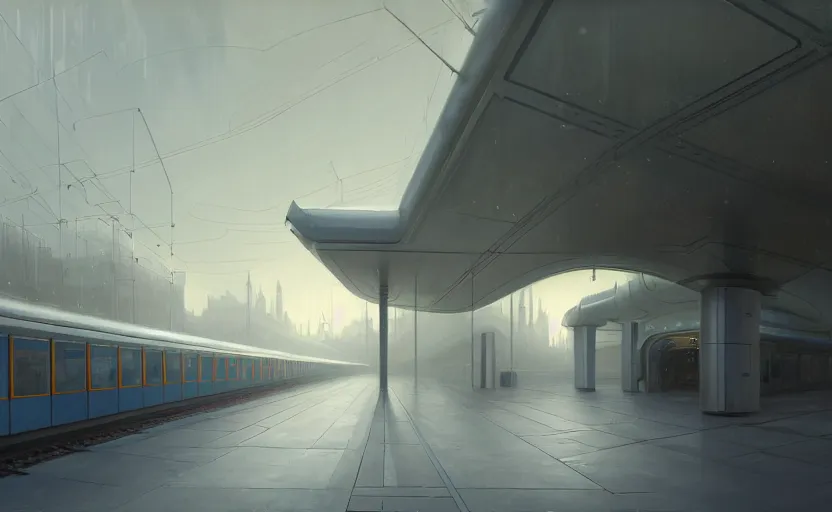 Image similar to painting of a wide angle exterior shot of a white modern futuristic utopian train station with cinematic lighting by peter zumthor and renzo piano, darek zabrocki and greg ruthkowski, alphonse mucha, simon stalenhag and cinematic and blue cold atmospheric, holy place, atmospheric, archillect concept art, artstation, trending on artstation