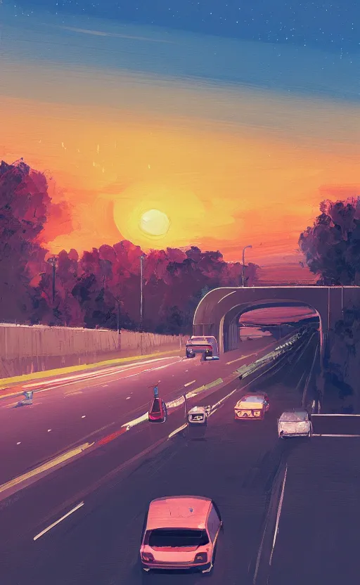 Prompt: a beautiful illustration of a car parket near a highway at sunset, art of alena aenami, featured on artstation, vertical orientation, paint brush strokes, expressionism, brushstroke - laden