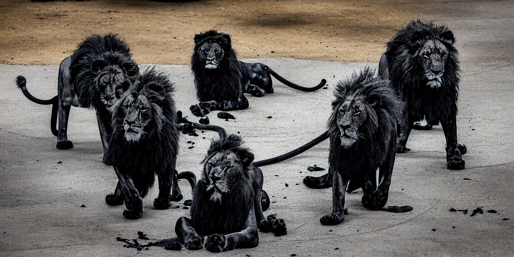 Prompt: the pack of smooth black lions, made of smooth black goo, in the zoo exhibit, viscous, sticky, full of black goo, covered with black goo, splattered black goo, dripping black goo, dripping goo, splattered goo, sticky black goo. photography, dslr, reflections, black goo, zoo, exhibit