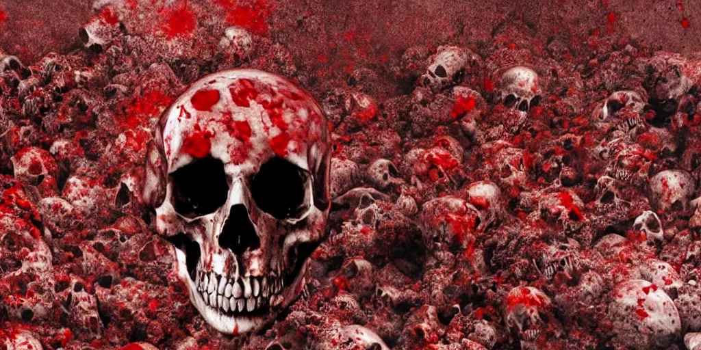 Image similar to a scary photo of a blood sea with skulls floating in it