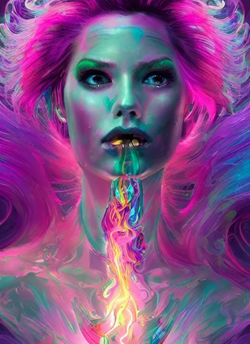 Prompt: psychedelic [ chemiluminescence ] [ [ [ smiling ] ] ] dancing elegant woman chakra spirit with pink hair smoke and fluid dynamics, colorful, psychedelic, ornate, intricate, digital painting, concept art, smooth, sharp focus, illustration, blacklight reacting, art by artgerm and greg rutkowski